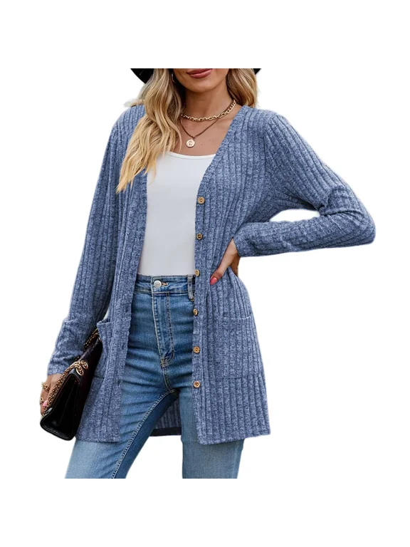 Women's Long Sleeve Cardigan Sweater Lightweight Button Down Brushed Knit Tops with Pockets S~3XL