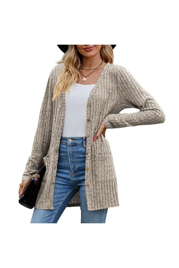 Women's Long Sleeve Cardigan Sweater Lightweight Button Down Brushed Knit Tops with Pockets S~3XL