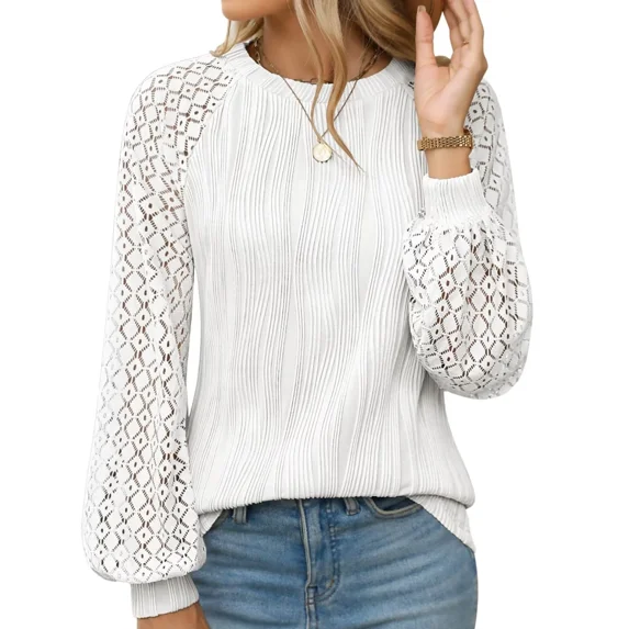 AELand Women's Long Sleeve Shirts Crew Neck Lace Tops 2025 Spring Fashion Clothes Knitted Y2k Blouses