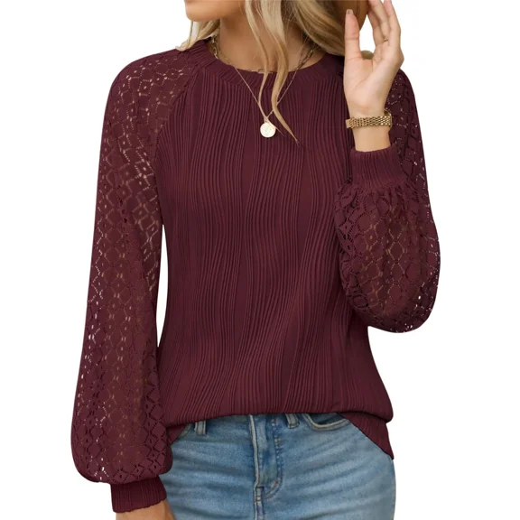 AELand Women's Long Sleeve Shirts Crew Neck Lace Tops 2025 Spring Fashion Clothes Knitted Y2k Blouses