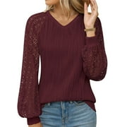 AELand Women's Long Sleeve Shirts V-Neck Lace Tops 2025 Spring Fashion Clothes Knitted Y2k Blouses