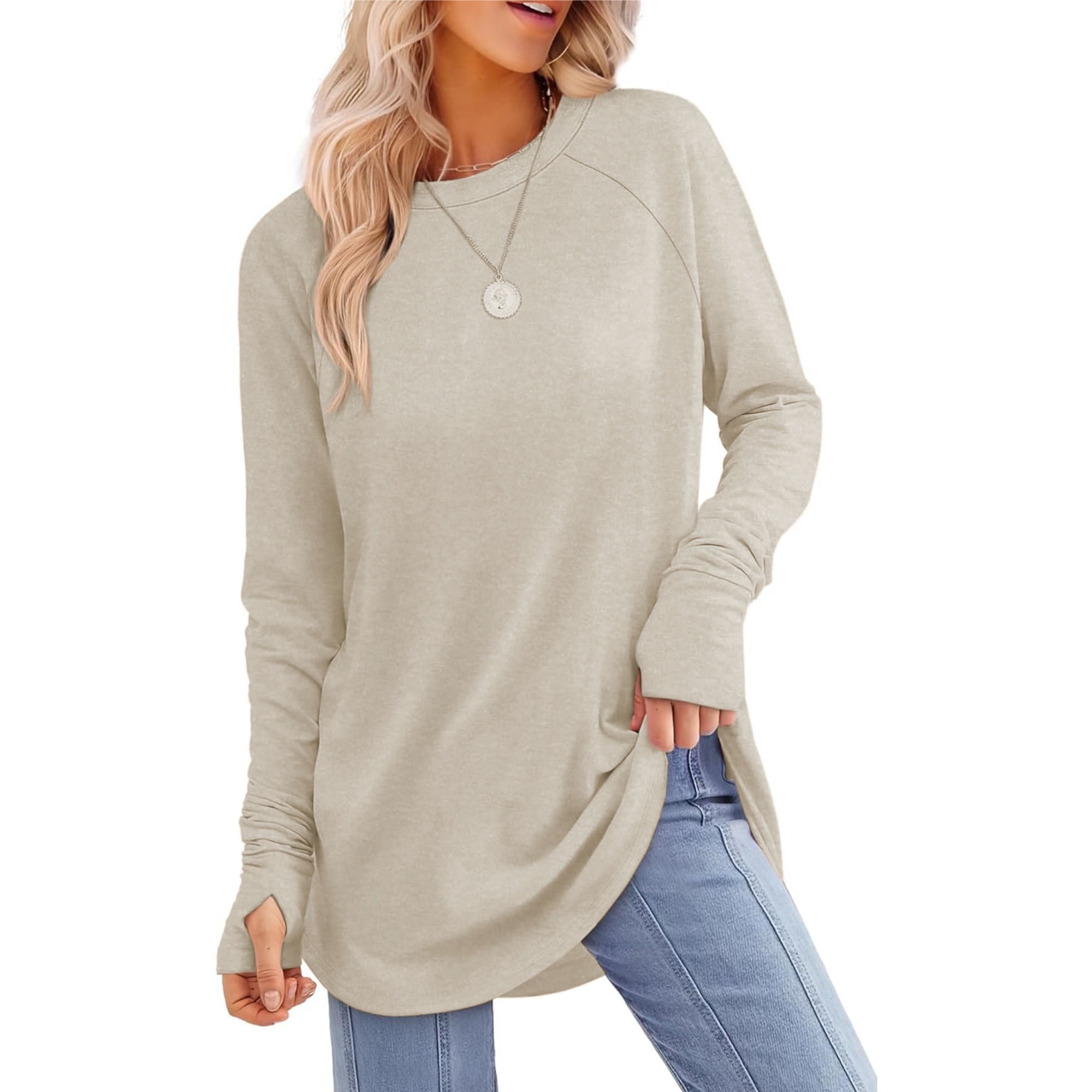 Women's Long Sleeve Tops and Blouses, Thumb Hole Shirts Crew Neck Curved Hem Tunic T-shirts