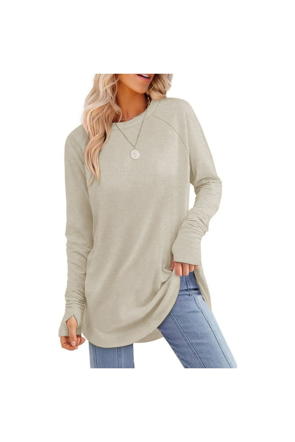 Women's Long Sleeve Tops and Blouses, Thumb Hole Shirts Crew Neck Curved Hem Tunic T-shirts