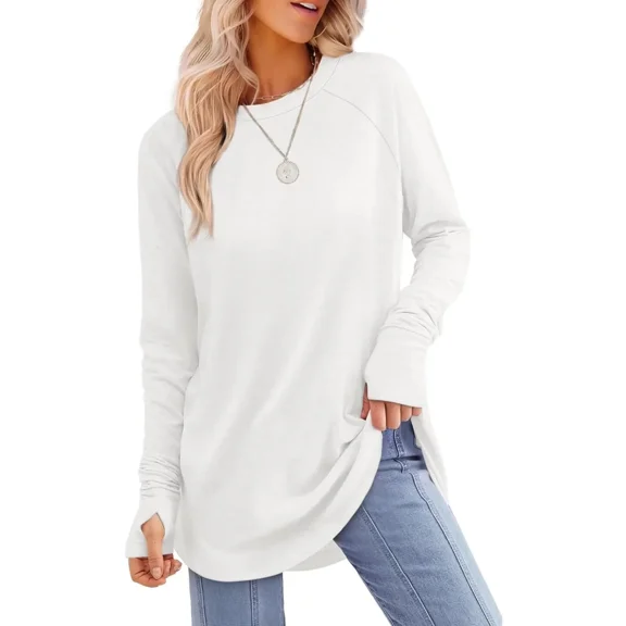 AELand Women's Long Sleeve Tops and Blouses, Thumb Hole Shirts Crew Neck Curved Hem Tunic T-shirts