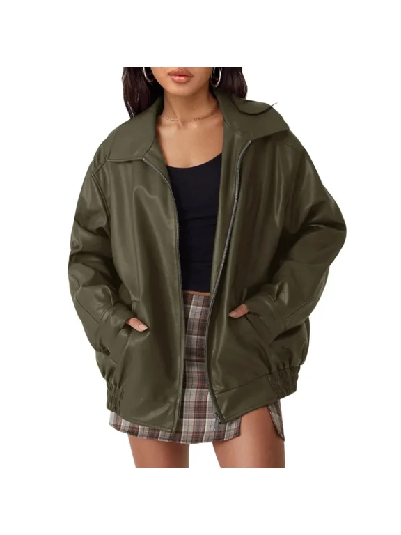 Women's Oversized Leather Jackets Faux Suede Fall Fashion Motorcycle Coats Winter Outerwear