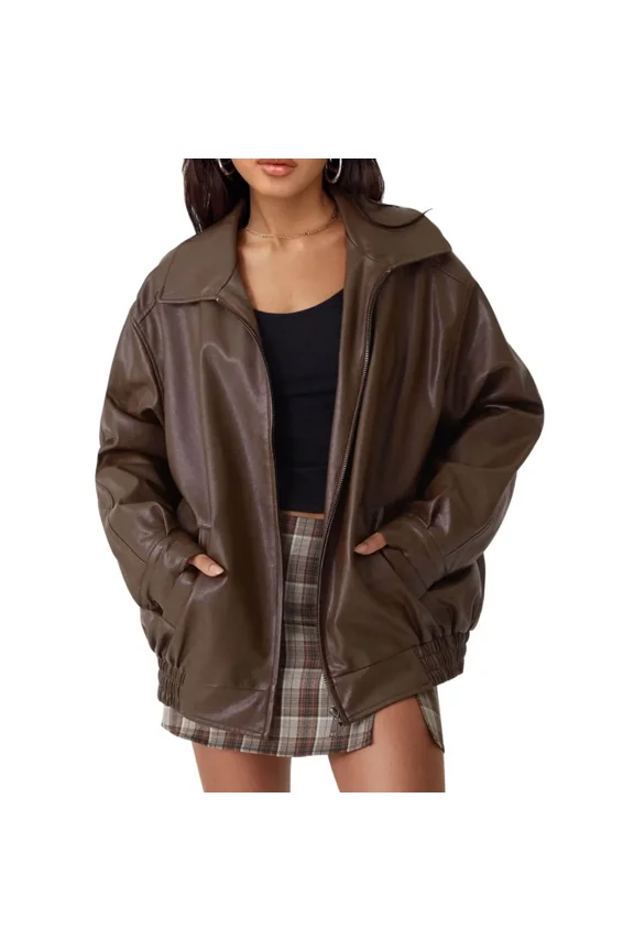 Women's Oversized Leather Jackets Faux Suede Fall Fashion Motorcycle Coats Winter Outerwear