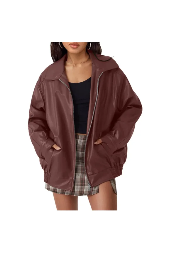 Women's Oversized Leather Jackets Faux Suede Fall Fashion Motorcycle Coats Winter Outerwear