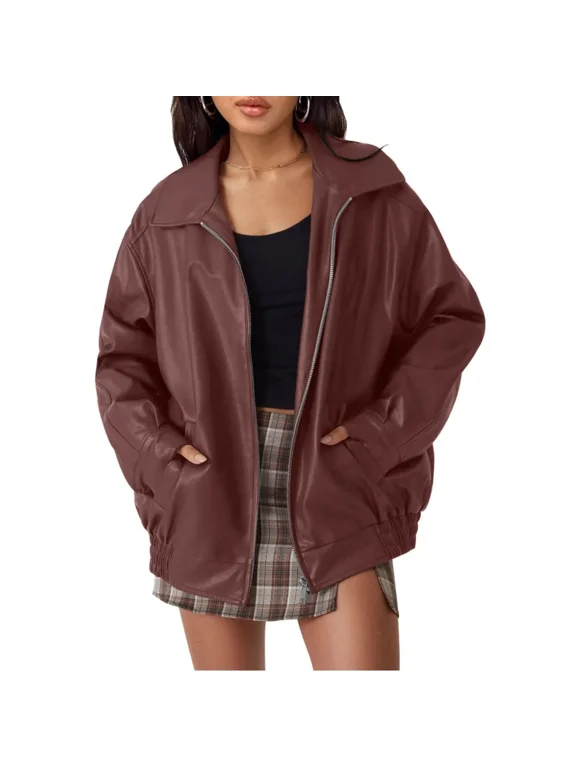 Women's Oversized Leather Jackets Faux Suede Fall Fashion Motorcycle Coats Winter Outerwear