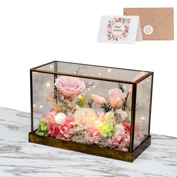 AEMYNOUZ Forever Real Roses Bush in Glass Dome with LED Light, Handcrafted Preserved Flowers, Eternal Floral Gift for Women Wife Grandma, Birthday Anniversary, Home Dcor Accents (Pink) Y101