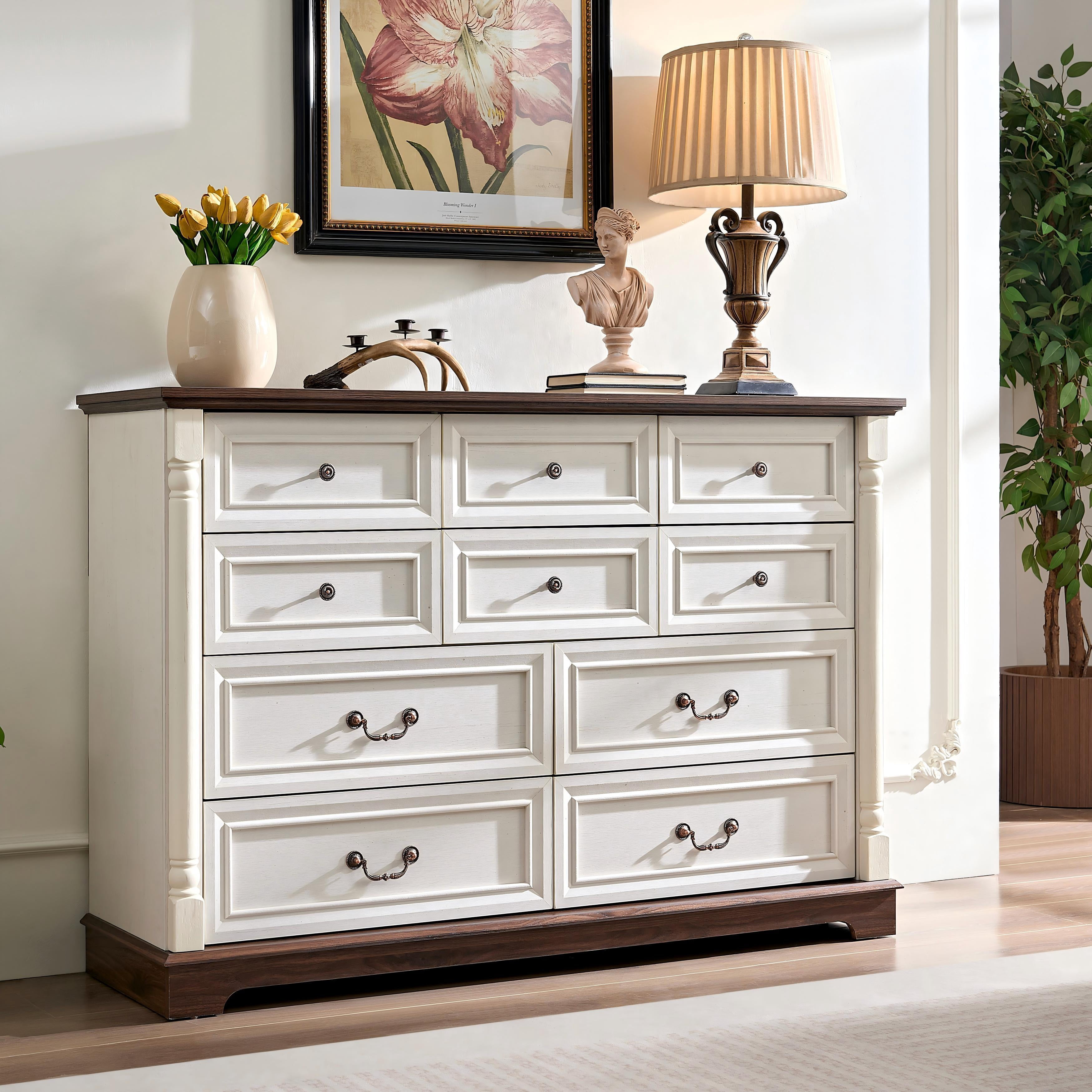 AENKYO 10-Drawer Wide Dresser, Extra Large Vintage Farmhouse Drawer Chest for Bedroom or Living Room, Antique White