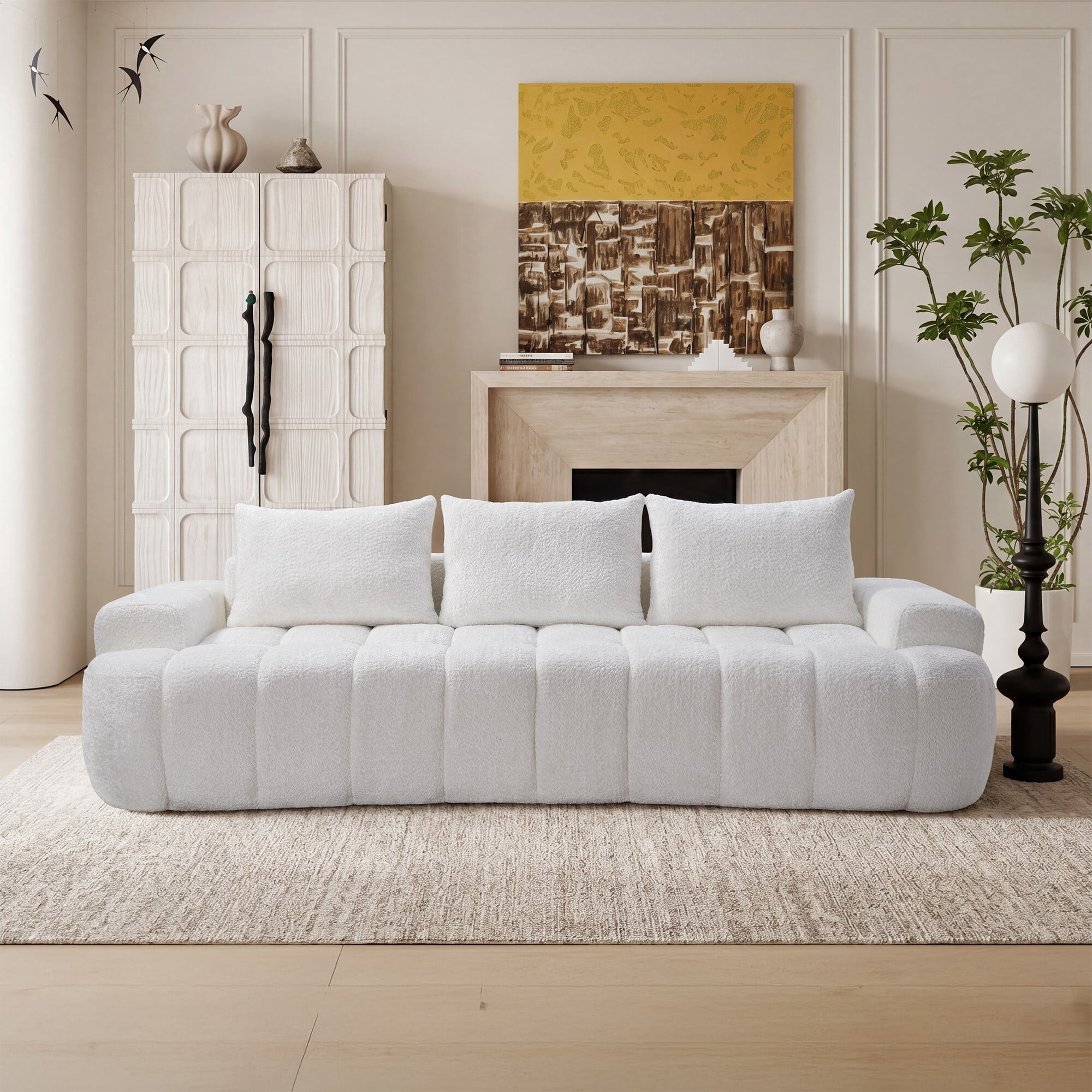 AENKYO 100" Curved Cloud Boucle Sofa, Modern 3-Seater Sculptural Couch, No Assembly, Cloud White