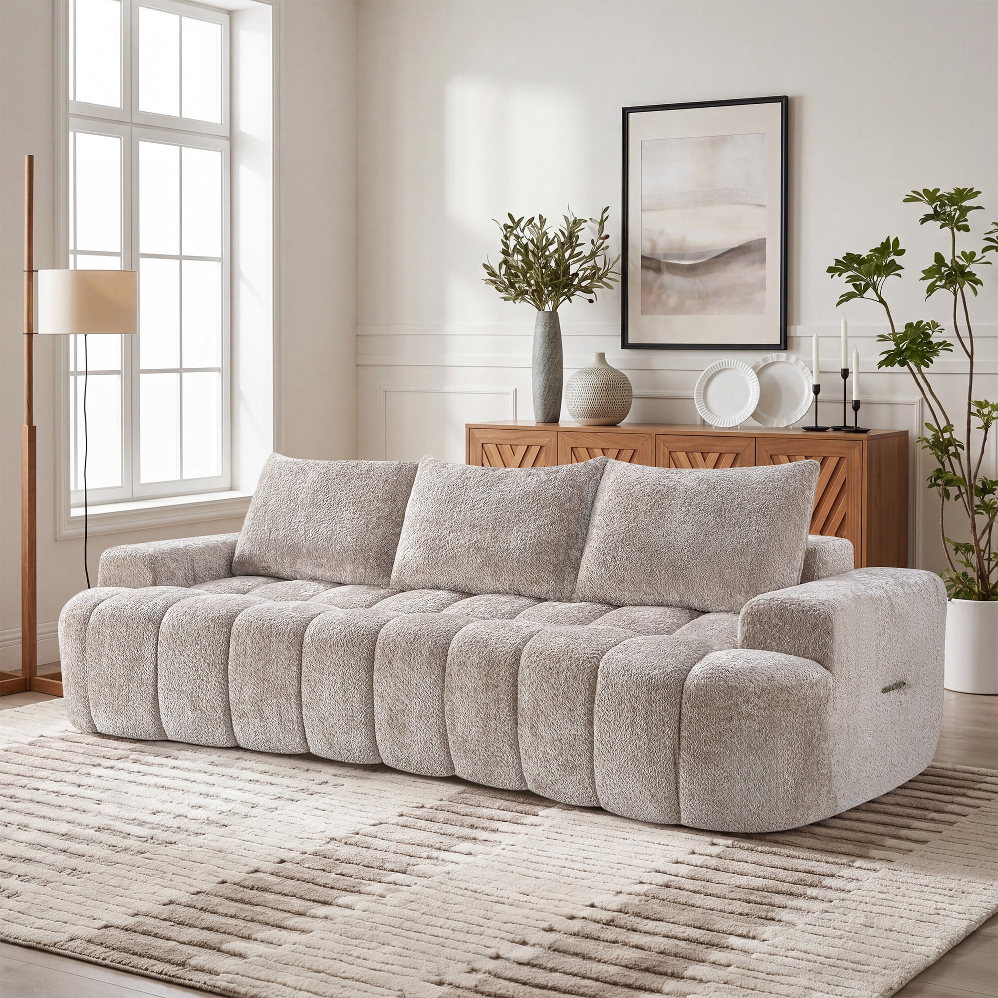 AENKYO 100" Curved Cloud Boucle Sofa, Modern 3-Seater Sculptural Couch, No Assembly, Oatmeal Beige