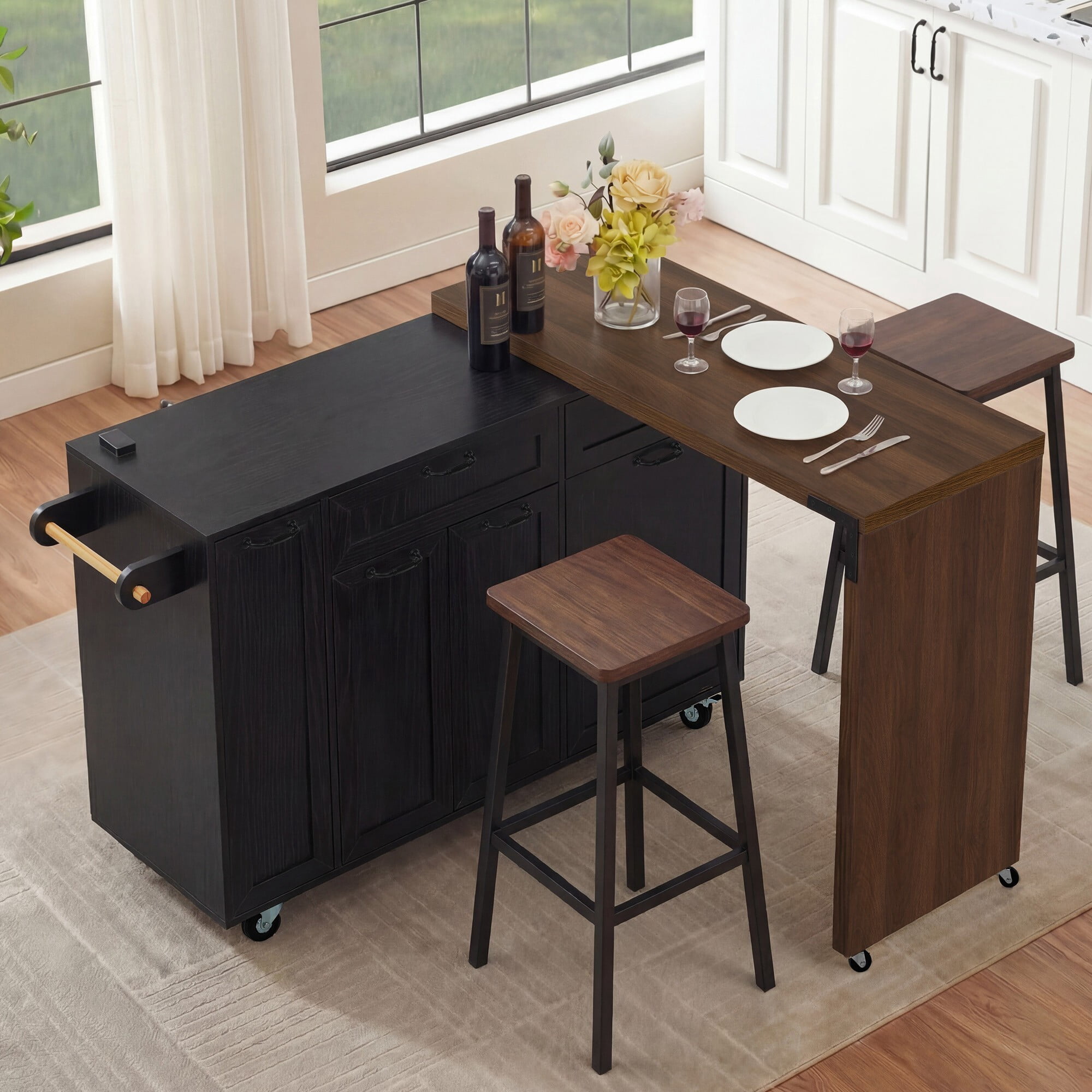AENKYO 102" Kitchen Island w/ Swivel Extendable Table, Rolling Cart w/ Tilt-out Trash Cabinet & Spice Rack, Black