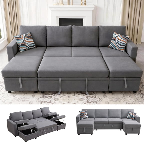 AENKYO 102'' U-Shaped Sectional Sofa Bed, Linen Pull Out Sleeper Couch with Storage Seats for Living RoomGray
