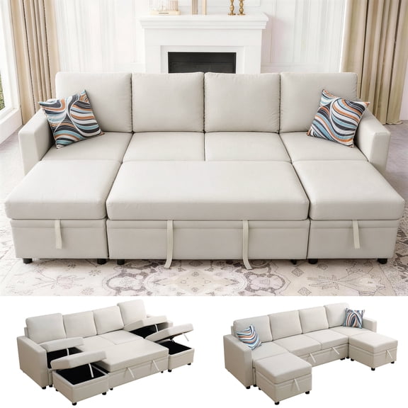 AENKYO 102'' U-Shaped Sectional Sofa Bed, Linen Pull Out Sleeper Couch with Storage Seats for Living RoomWhite