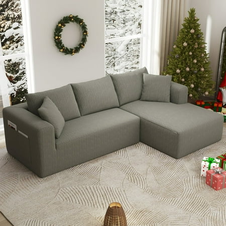 AENKYO 104'' Modular L-Shape Sectional Sofa with Chaise, Comfy Deep-Seat Cloud-Couch, Corduroy - Gray