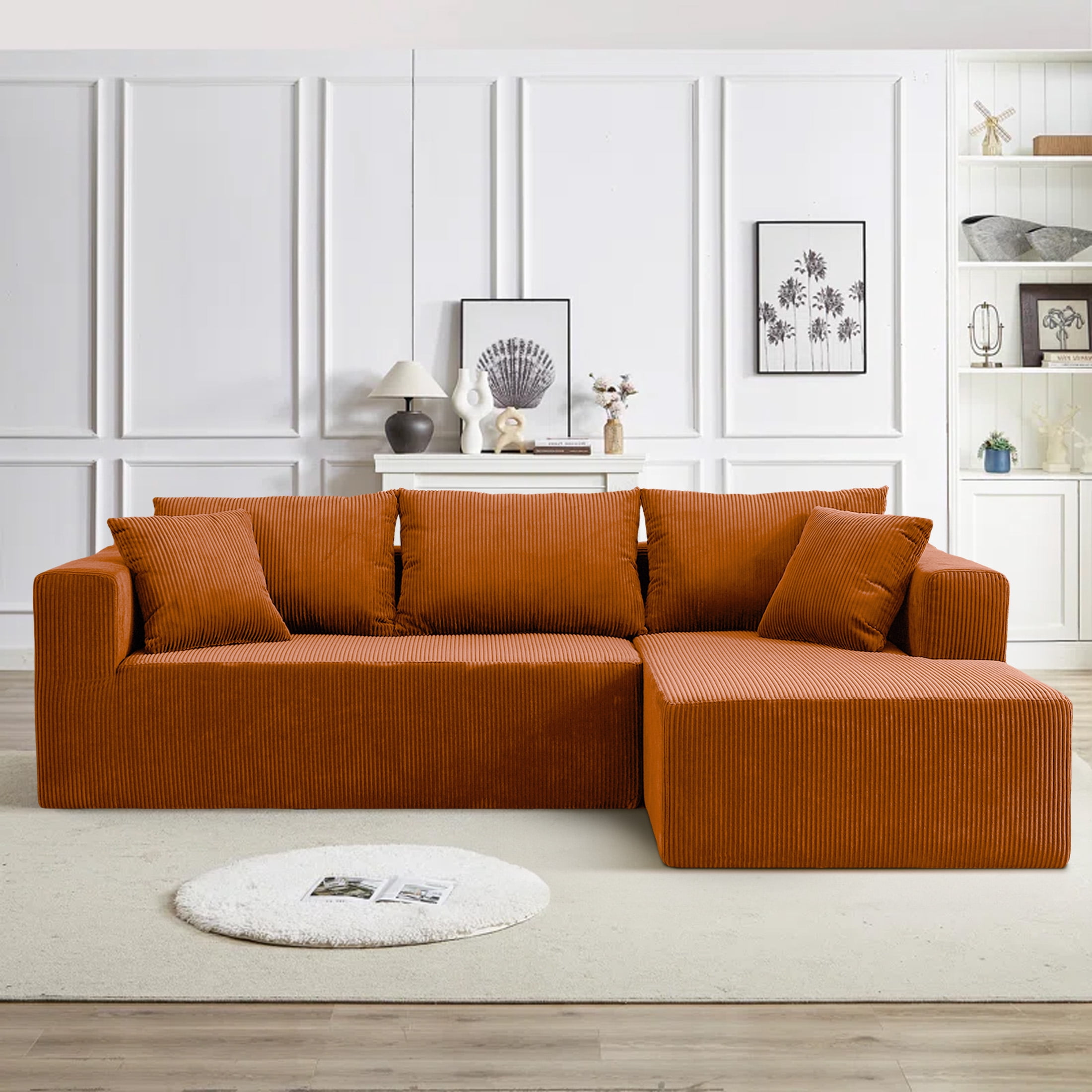 AENKYO 104'' Modular L-Shape Sectional Sofa with Chaise, Comfy Deep-Seat Cloud-Couch, Corduroy - Orange