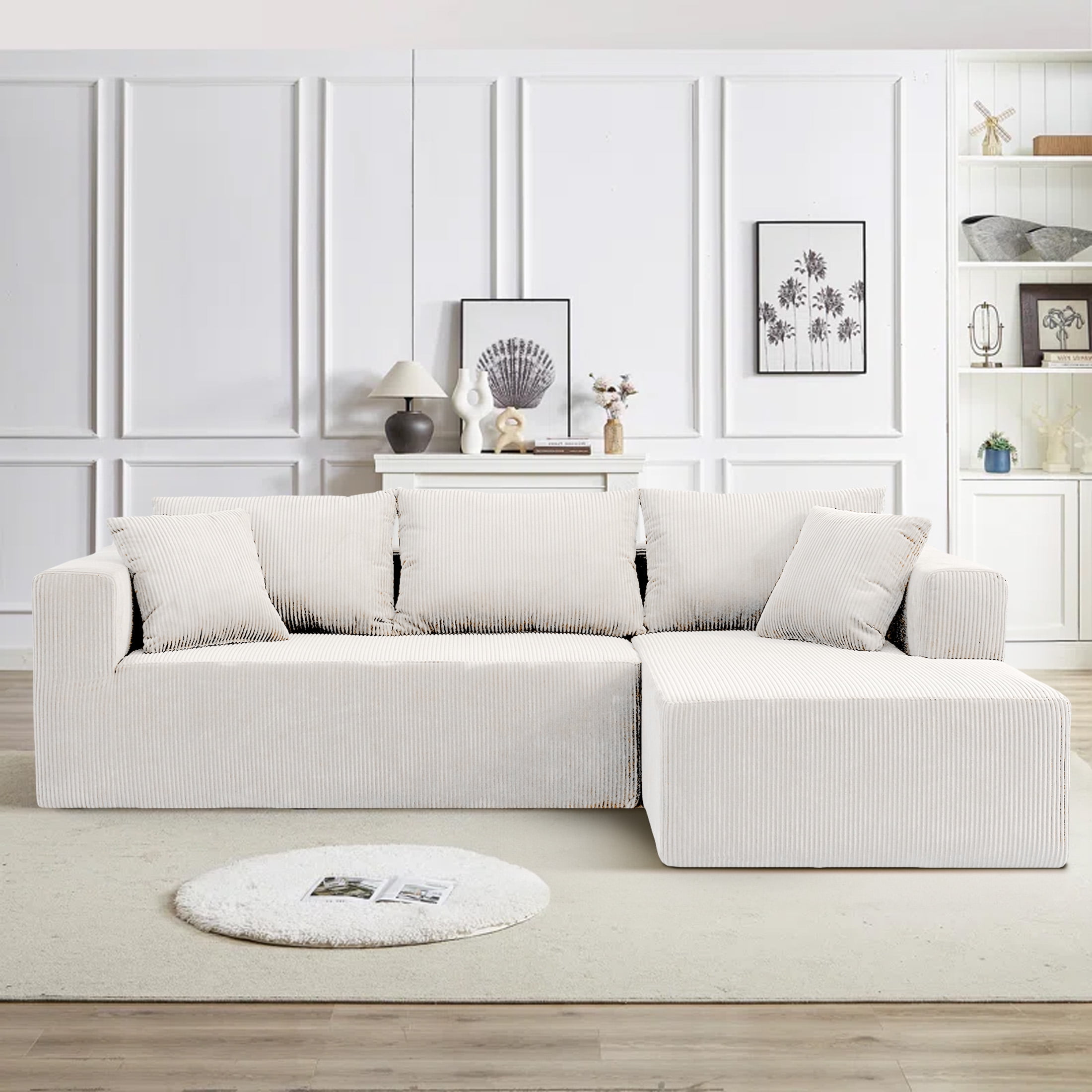 AENKYO 104'' Modular L-Shape Sectional Sofa with Chaise, Comfy Deep-Seat Cloud-Couch, Corduroy - White