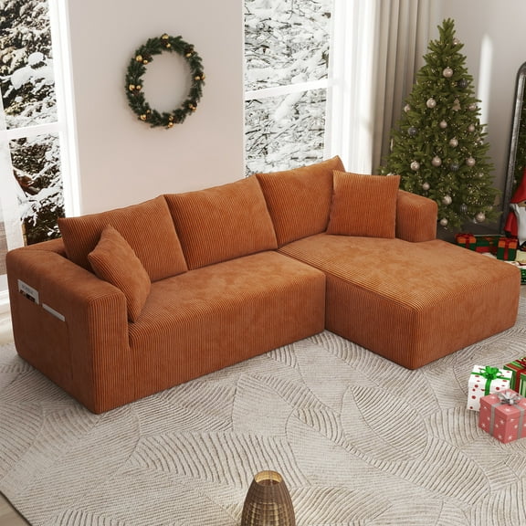 AENKYO 104" Modular L-Shape Sectional Sofa with Chaise, Deep-Seat Cloud Couch, Orange Corduroy