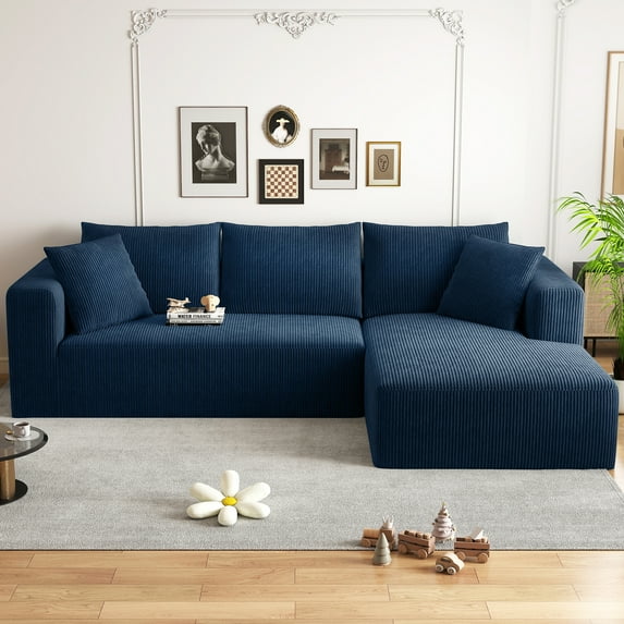 AENKYO 104 Modular L-Shaped Sectional Sofa with Chaise Lounge, Cloud Couch Deep Seat, Corduroy Upholstered Living Room Furniture, No Assembly Required, Blue
