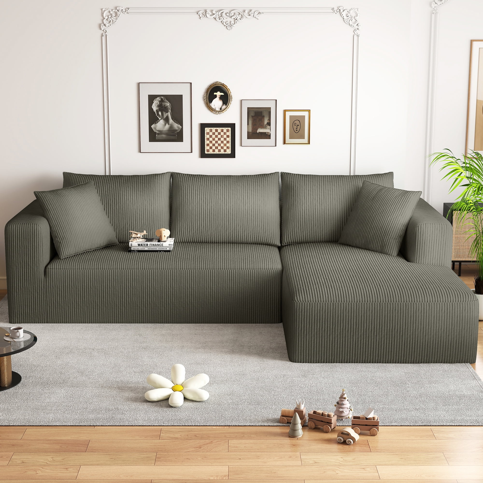AENKYO 104 Modular L-Shaped Sectional Sofa with Chaise Lounge, Cloud Couch Deep Seat, Corduroy Upholstered Living Room Furniture, No Assembly Required, Gray