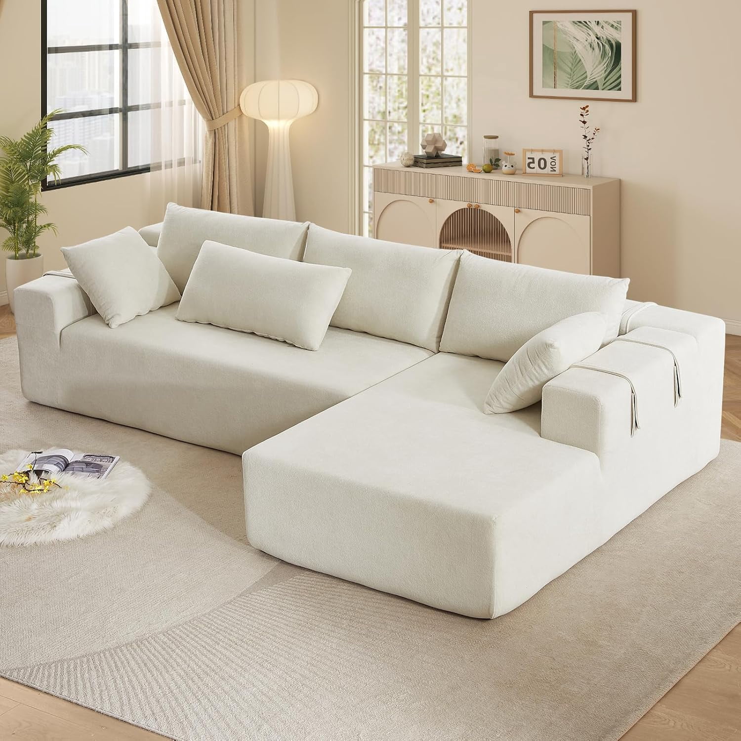 AENKYO 108" Chenille L-Shaped Sectional Sofa Set with 6 Pillows, Free
