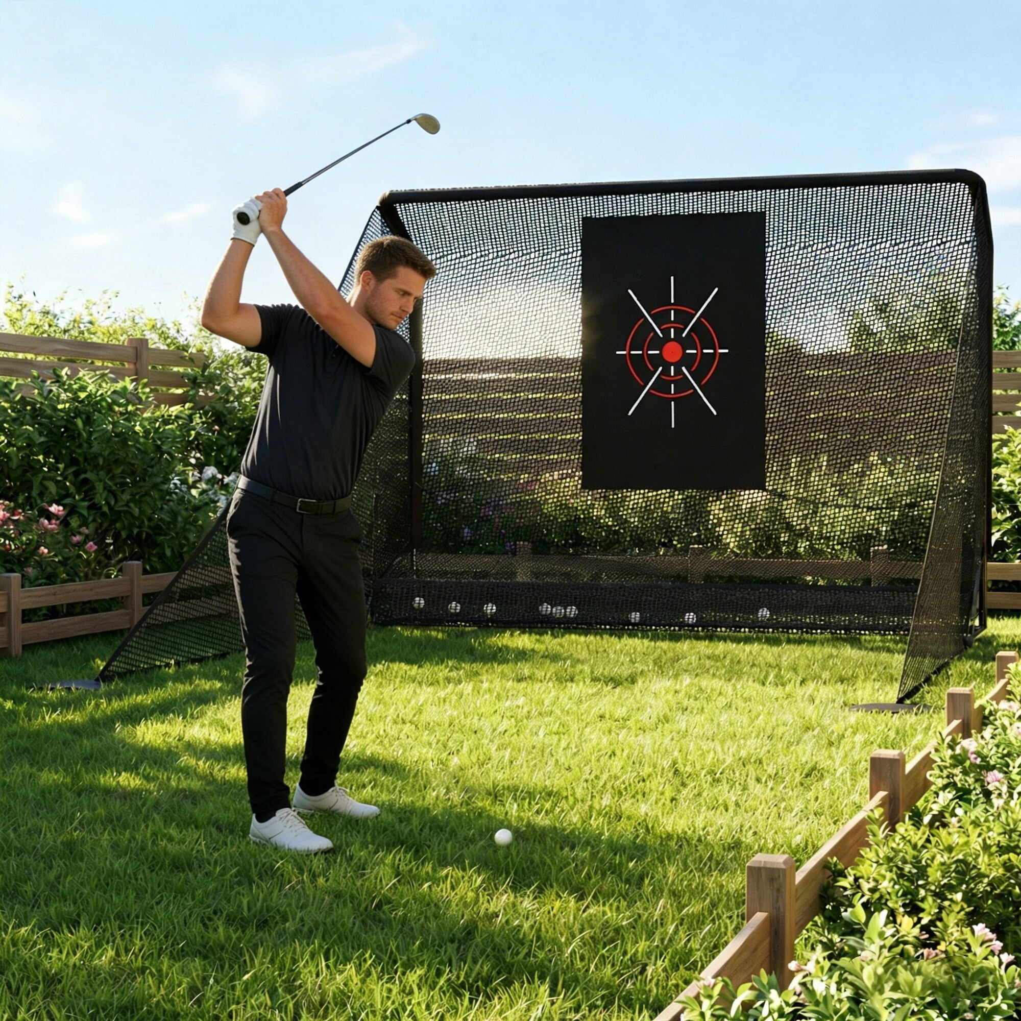 AENKYO 10x7ft Golf Practice Net w/ Auto Ball Return, Hitting Net w/ Side Barriers, Portable Backyard Golf Cage