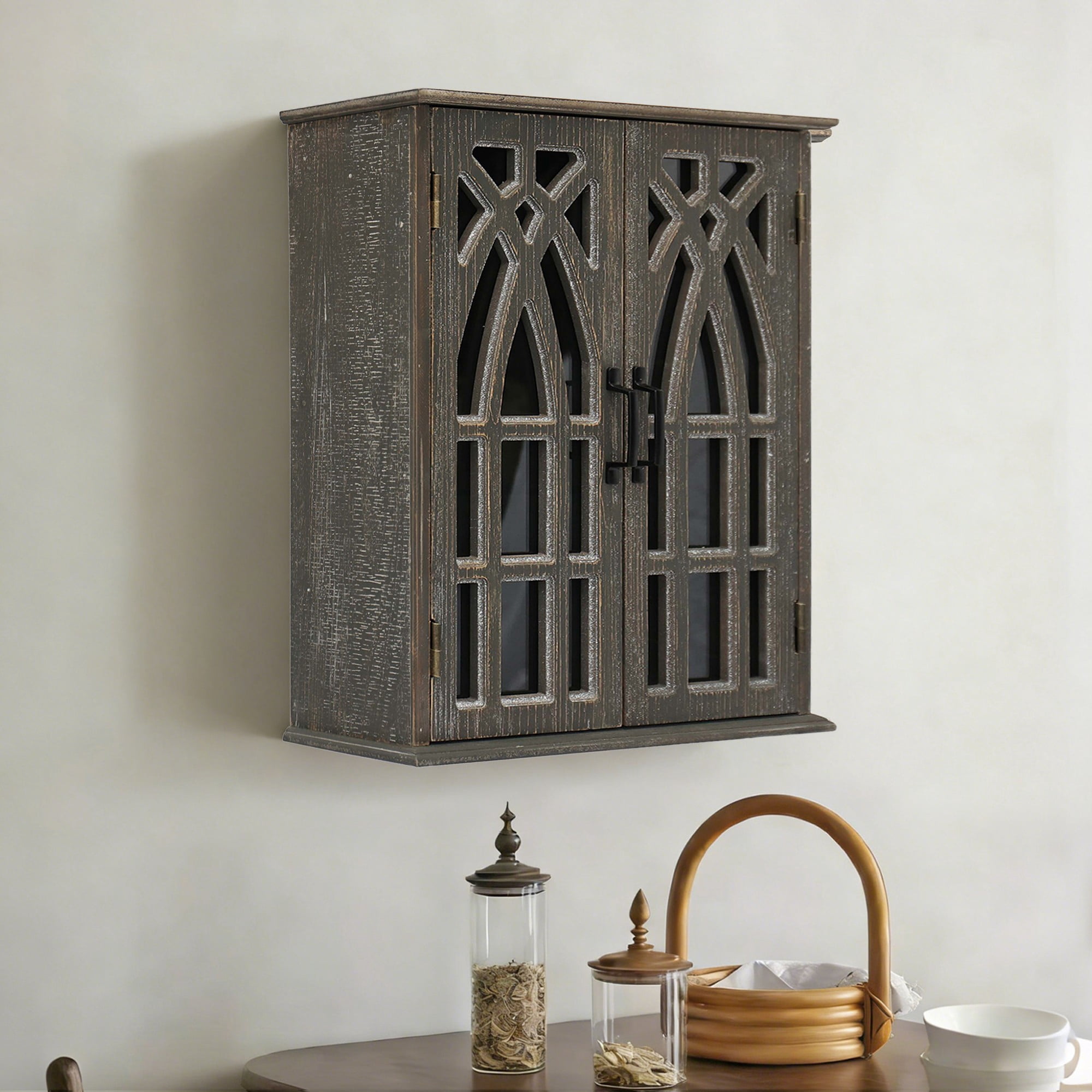 AENKYO 24" Farmhouse Wall Mounted Cabinet, Vintage Wood Medicine Cabinet with Arched Glass Doors, Distressed Grey