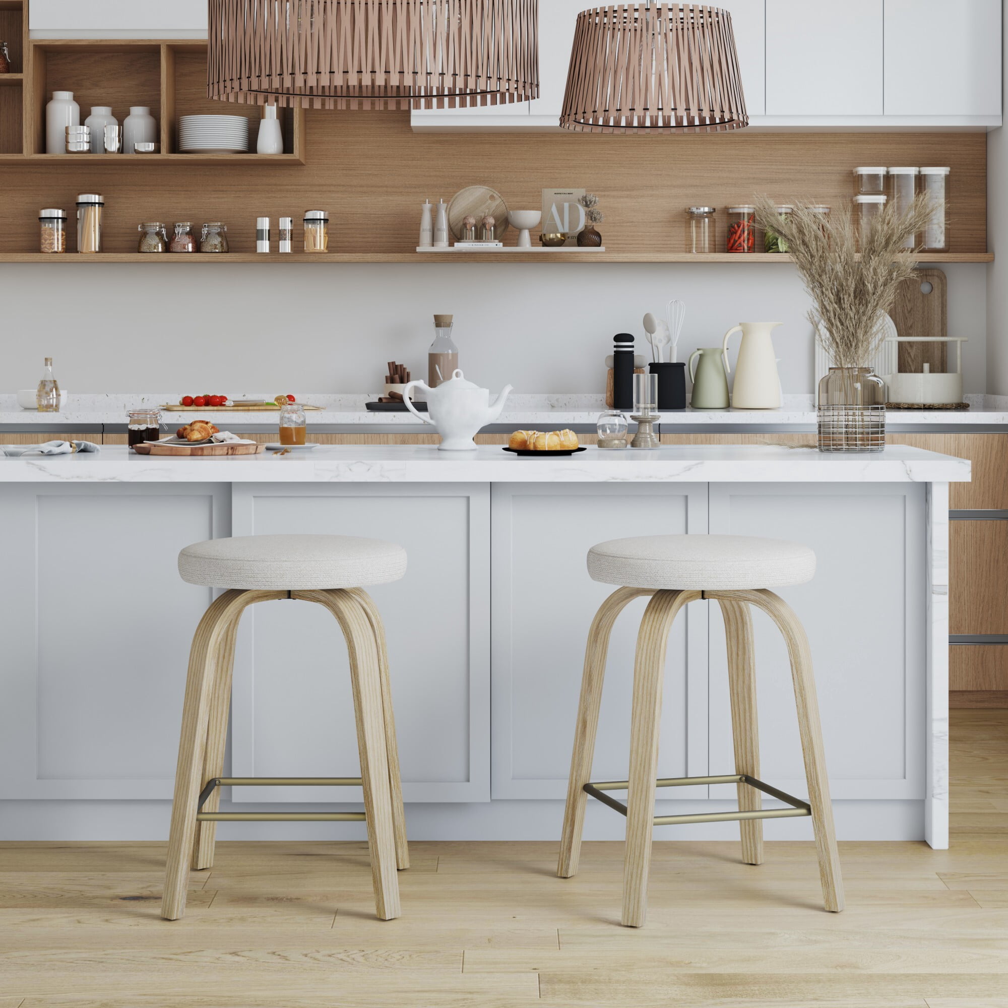 AENKYO 26" Swivel Bar Stools Set of 2, Counter Height Island Stools for 34"-40" Counters, Fabric Padded, Beige