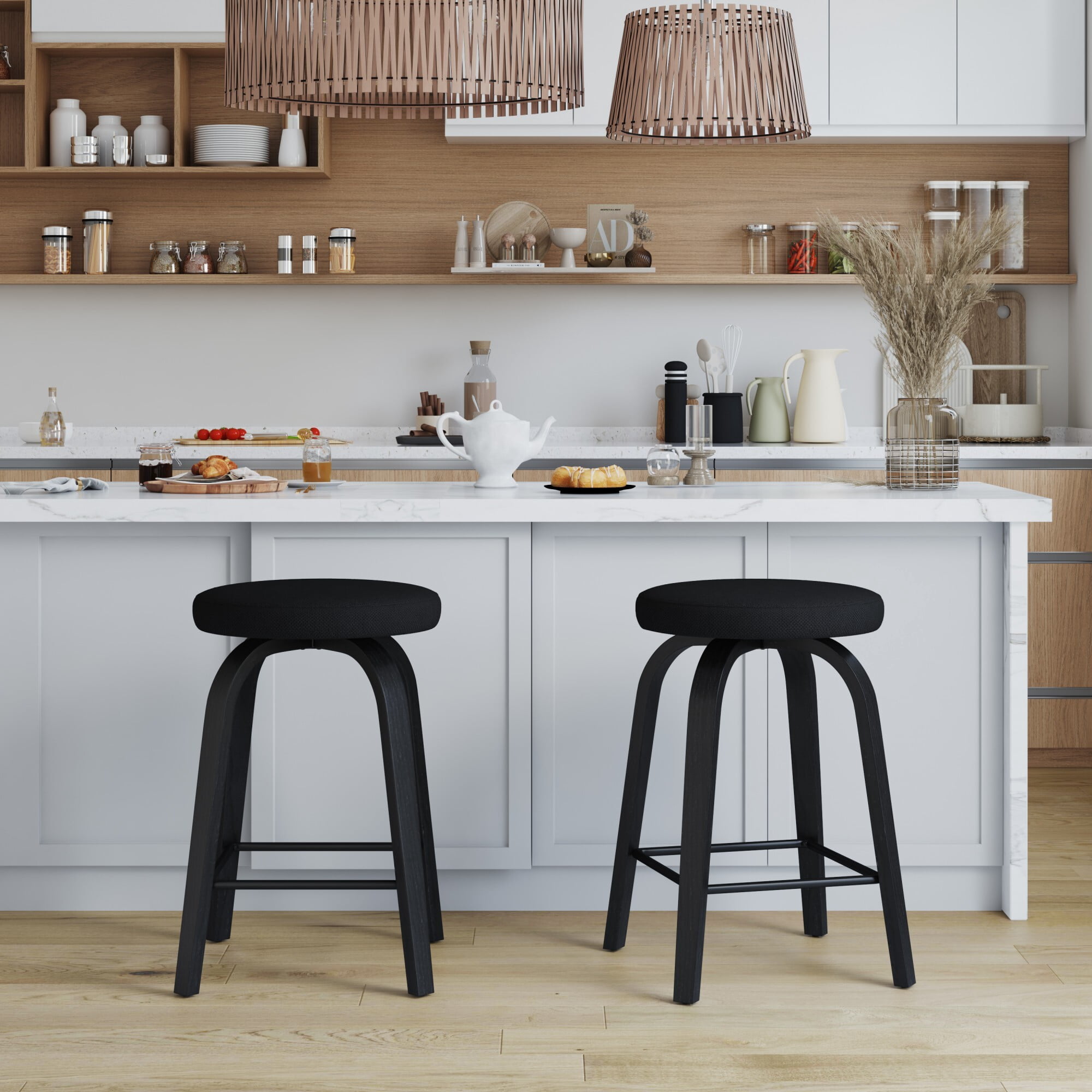 AENKYO 26" Swivel Bar Stools Set of 2, Counter Height Island Stools for 34"-40" Counters, Fabric Padded, Black