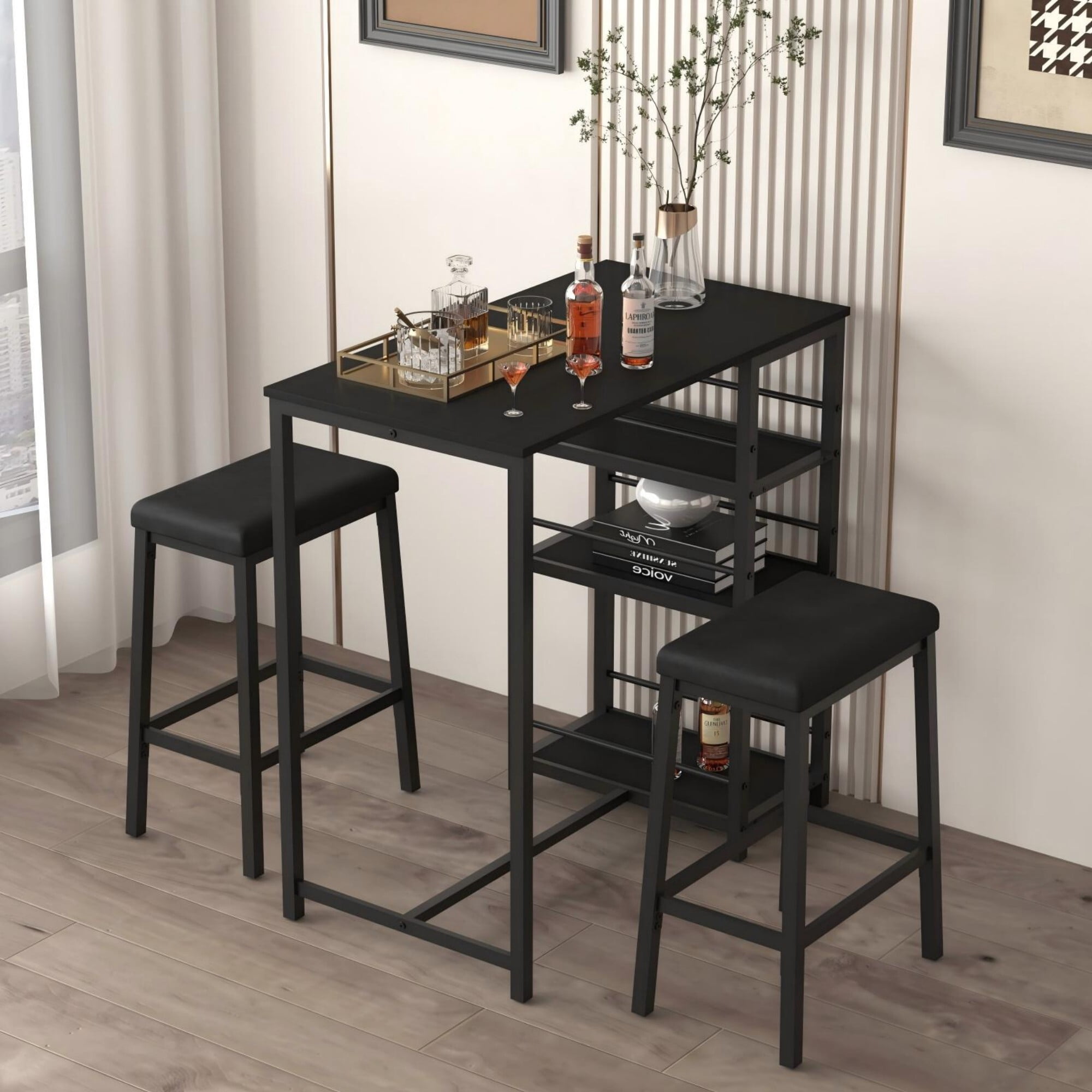 AENKYO 3-Piece Counter Height Dining Set, Small Space Bar Table with 2 PU Leather Stools & 3 Storage Shelves, Black
