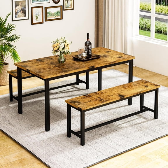 AENKYO 3-Piece Kitchen Dining Table Set with Bench,Modern Wood Top & Metal Frame, Brown