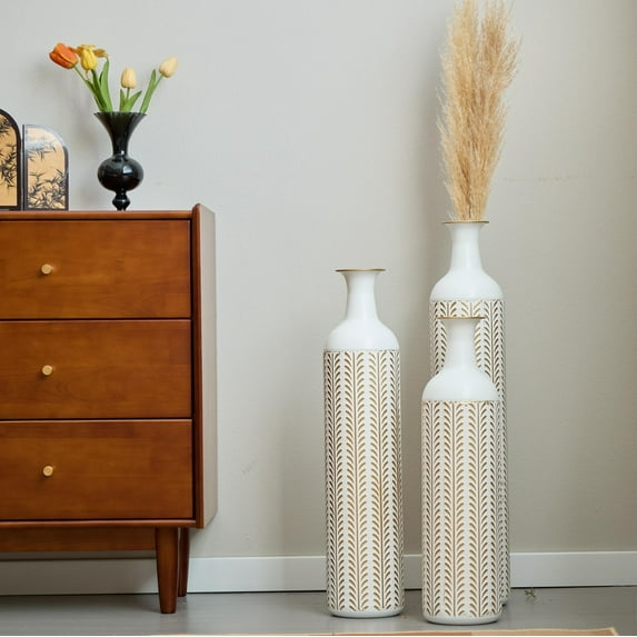 AENKYO 3-Piece Metal Floor Vase Set, Modern Cylinder Decorative Vases for Home Décor, White & Gold