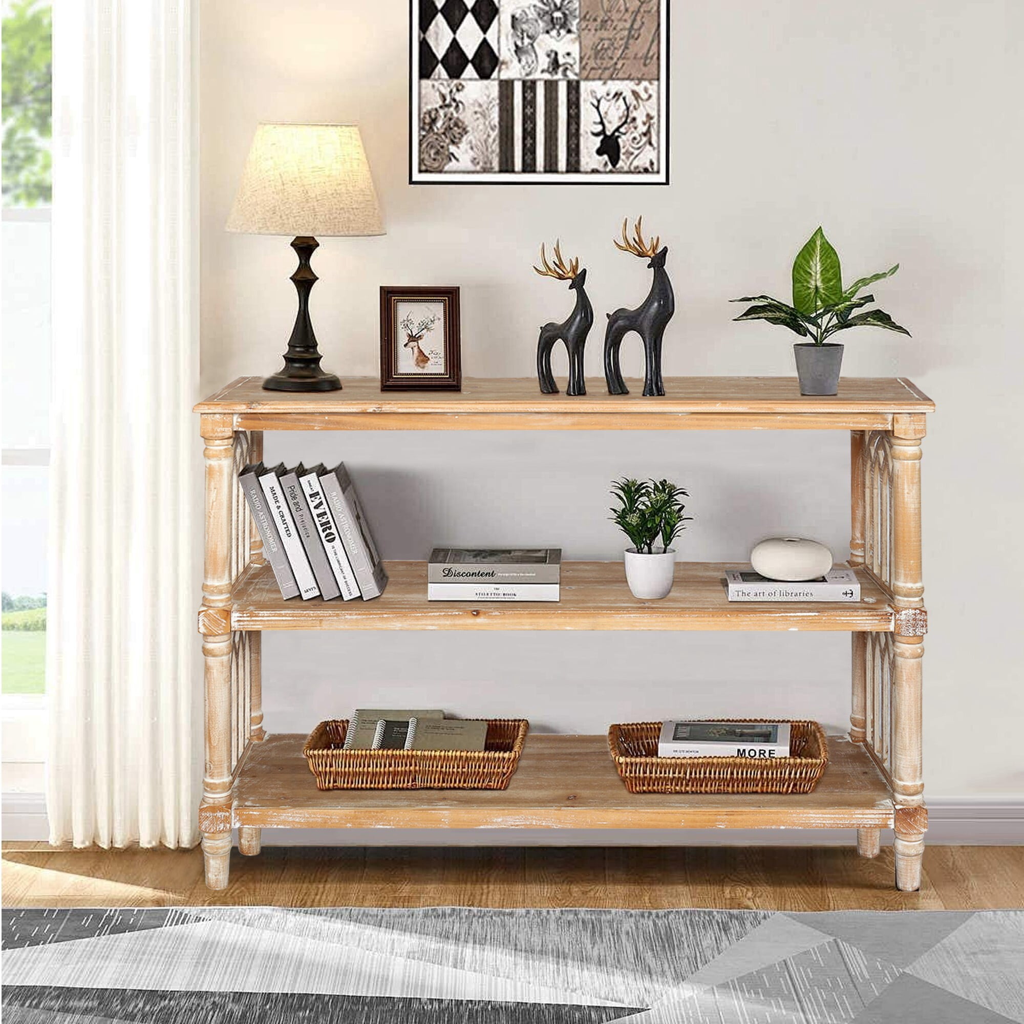 AENKYO 3-Tier Gothic Hallway Console Table, Distressed Finish Entryway Table for Living Room, Antique Natural Color