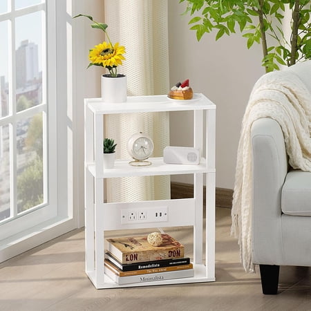AENKYO 3-Tier Narrow End Table with Charging Station & Storage for Small Spaces, White