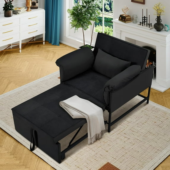 AENKYO 3-in-1 Convertible Sleeper Chair Bed with Adjustable Backrest, Velvet Chaise Lounge Sofa for Small Spaces, Black