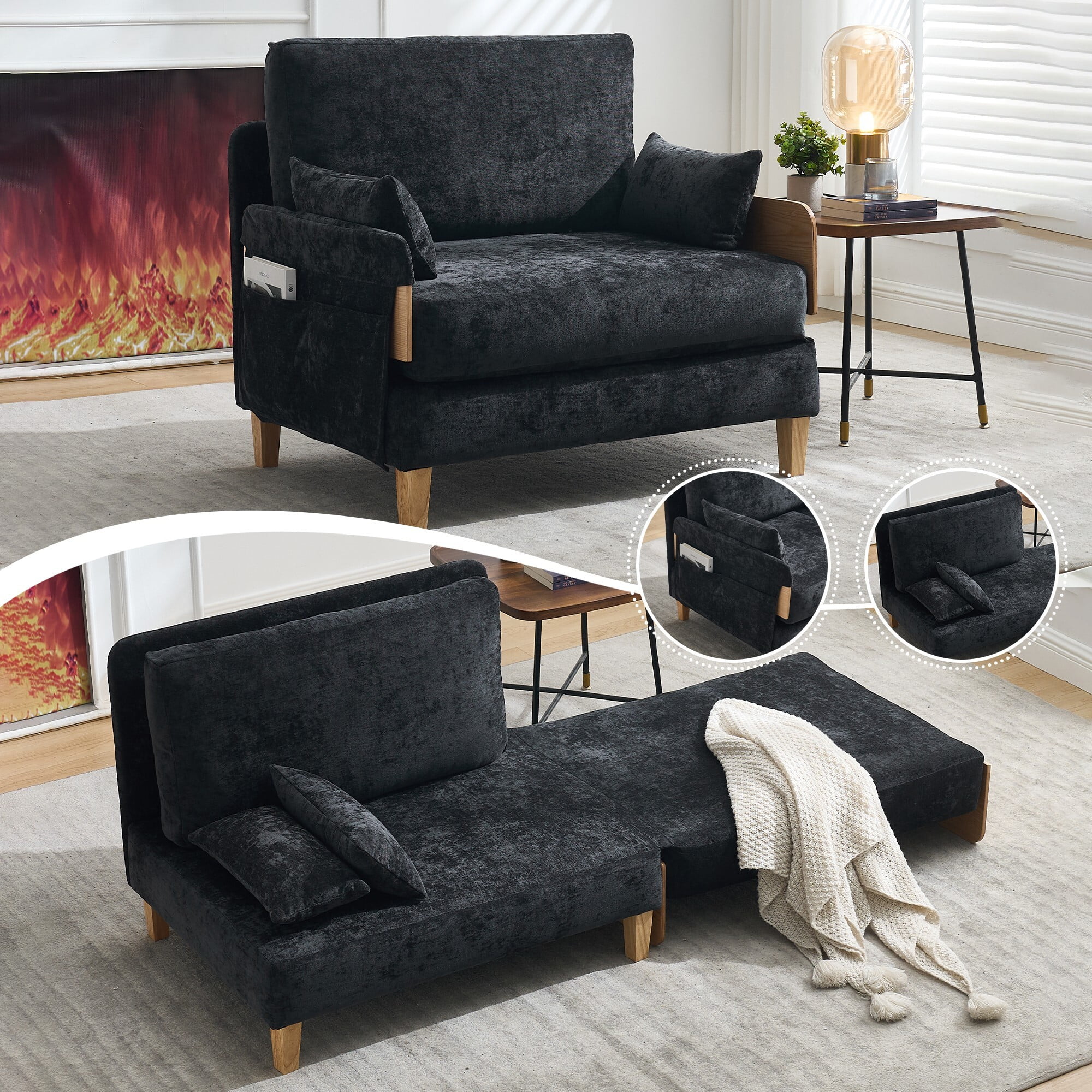 AENKYO 3-in-1 Convertible Sofa Chair, Modern Foldable Sleeper Bed for One, Suits for Living Room, Bedroom, Black