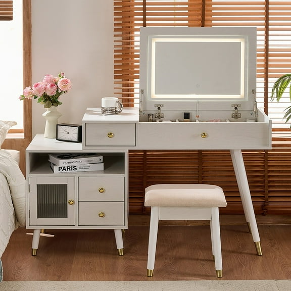 AENKYO 3-in-1 Vanity Desk with Flip-Top LED Mirror, Makeup Table with Adjustable Side Cabinet and Soft Stool, White