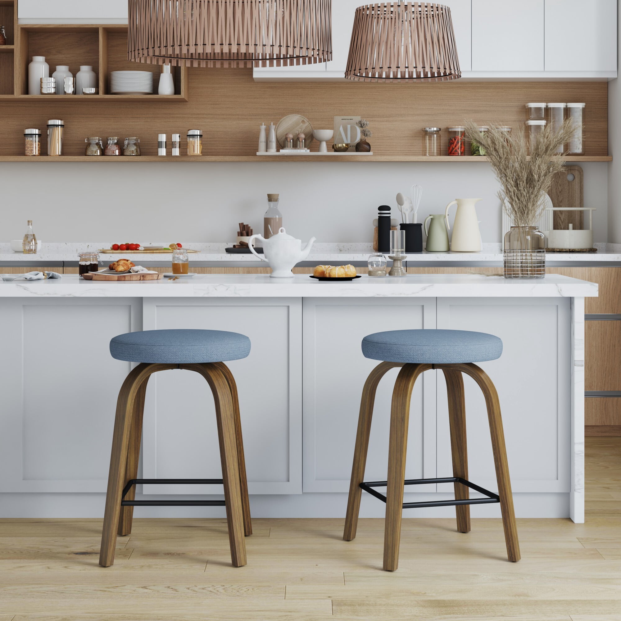 AENKYO 30" Swivel Bar Stools Set of 2, Bar Height Stools for 38"-44" Tall Tables, Fabric Upholstered, Blue