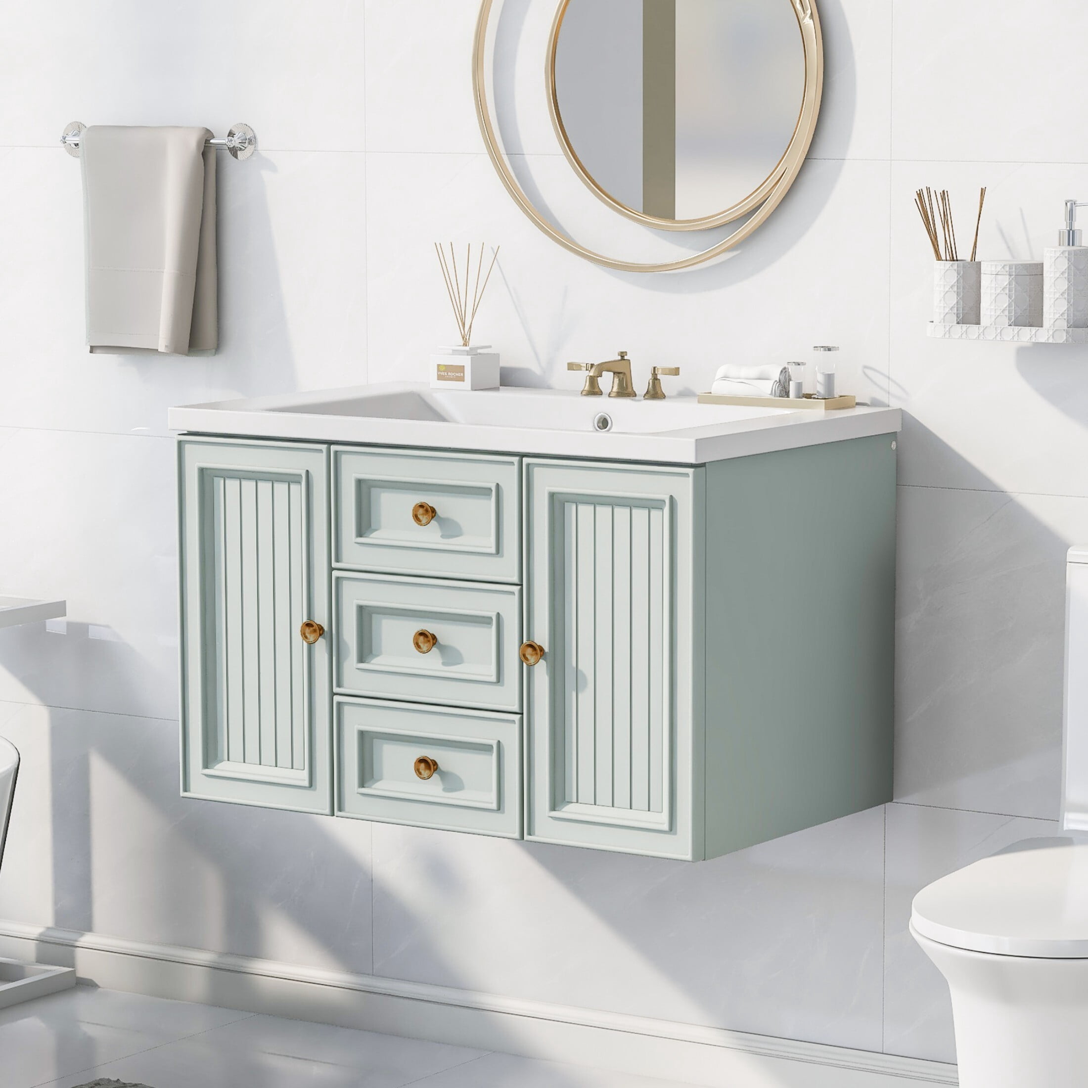 AENKYO 30'' Wall Mounted Bathroom Vanity with Sink, Simple Floating Vanity Cabinet with Drawers, Green