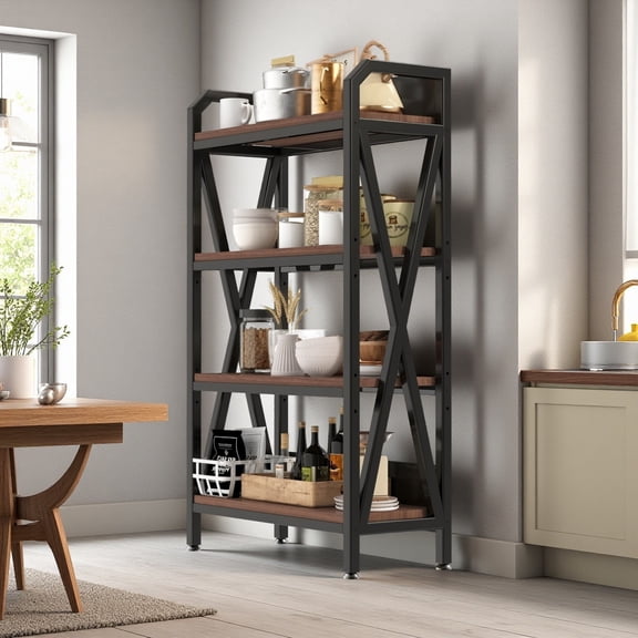 AENKYO 33.5" Wide 4-Tier Kitchen Storage Rack, Heavy-Duty Steel Frame with Rustic Wood Shelves, Metal Pantry Organizer, Black