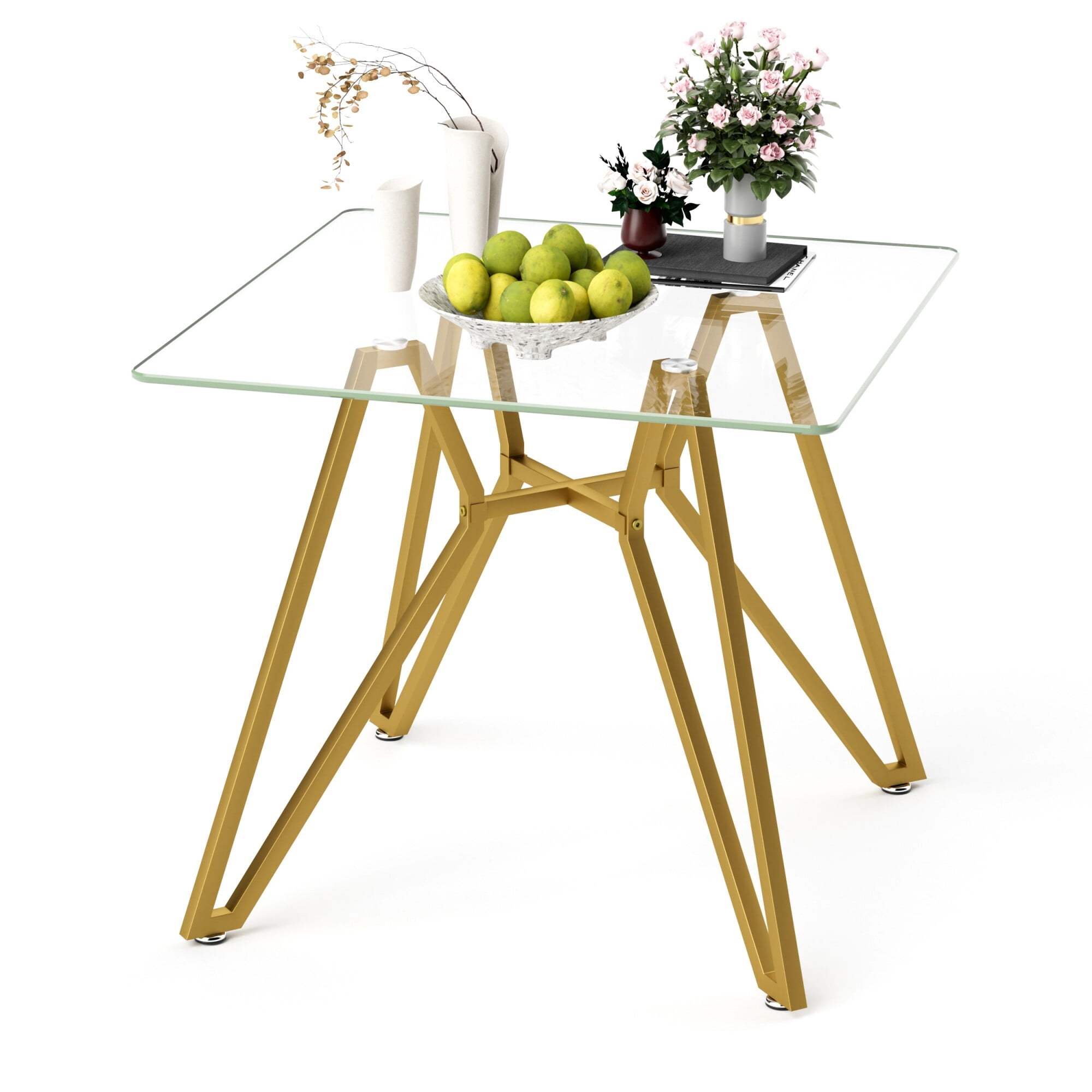 AENKYO 35.4'' Modern Glass Dining Table, Square Tempered Glass Top with Metal Legs, Small Kitchen Table for Home, Gold