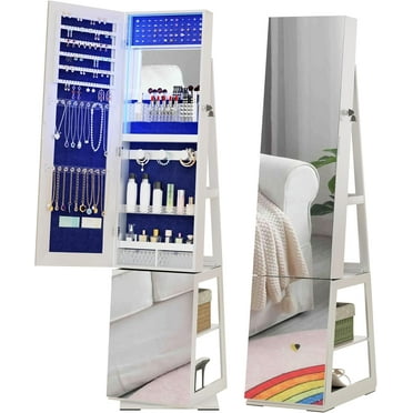AENKYO 360° Rotating Full-Length Mirror Jewelry Cabinet Armoire with LED Lights, Lockable Standing Organizer, White