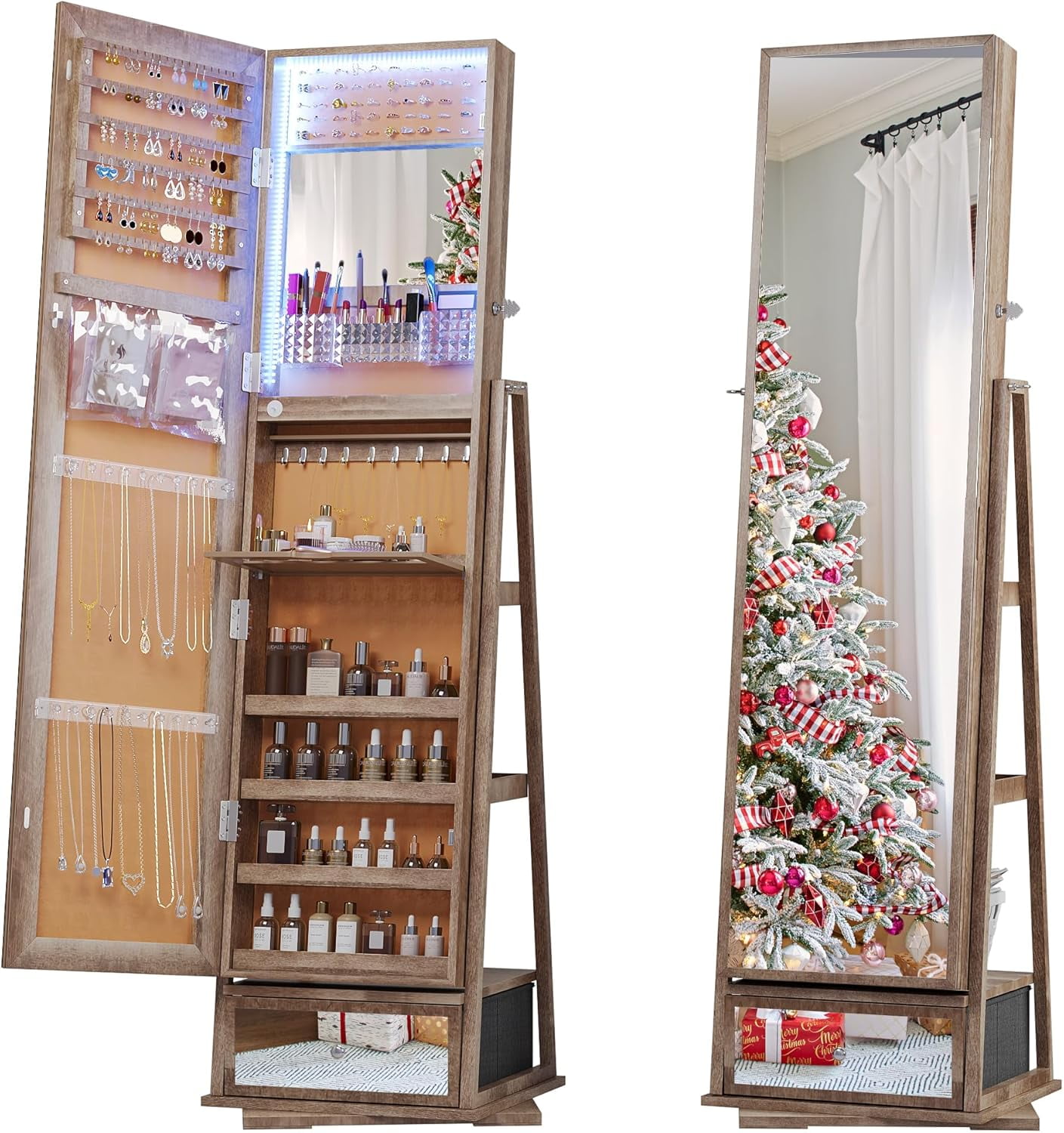 AENKYO 360 Rotating Jewelry Armoire, Lockable Mirror Cabinet with 3-Color Lights - Large Dimmable Organizer Modern Design，Brown