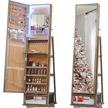 AENKYO 360 Rotating Jewelry Armoire, Lockable Mirror Cabinet with 3-Color Lights - Large Dimmable Organizer Modern Design，Brown