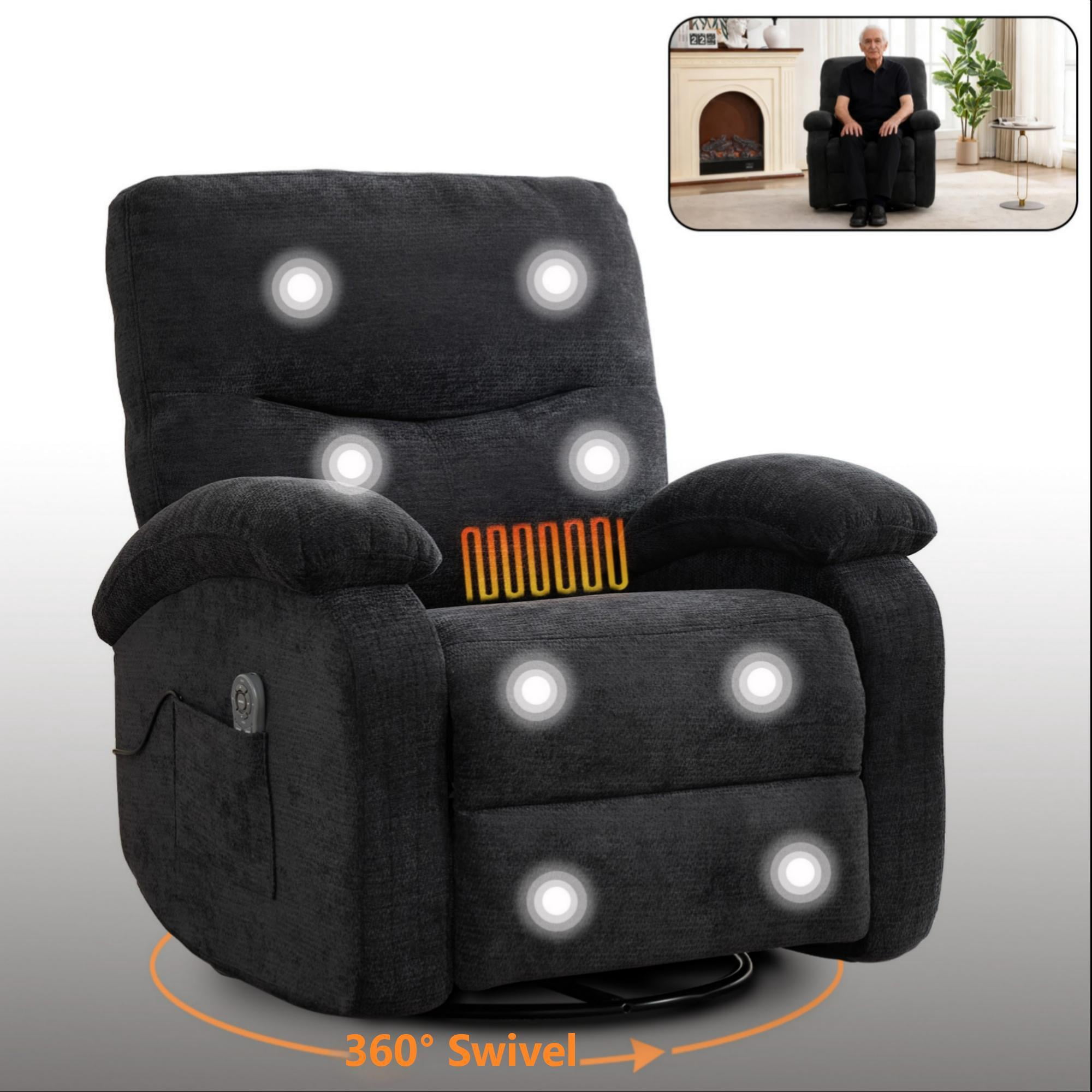 AENKYO 360° Swivel Recliner with Massage & Heat, Adjustable Rocking ...