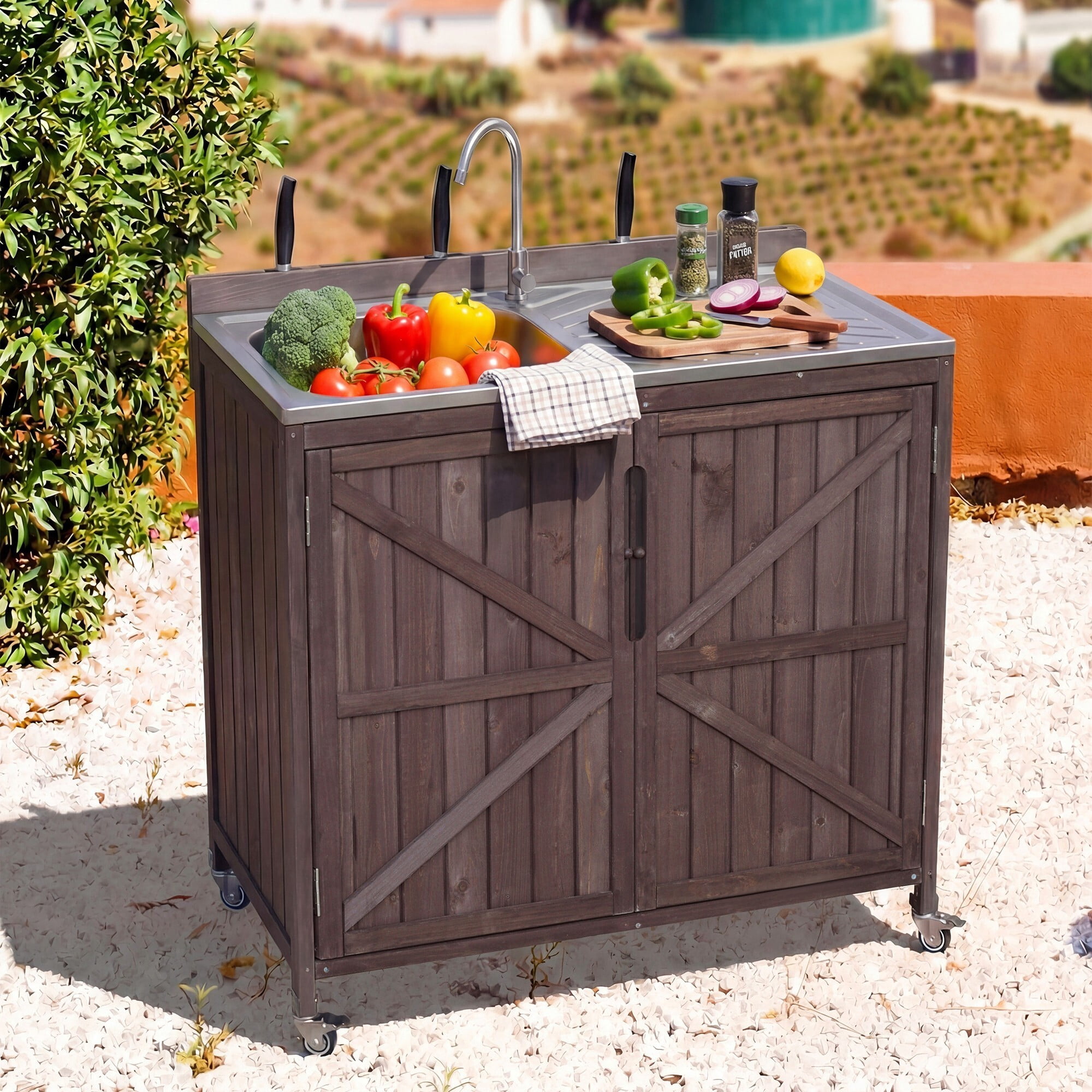 AENKYO 39.4" Outdoor Kitchen Island with 304 Stainless Steel Sink, Wood Prep Station with Faucet & Wheels, Dark Brown