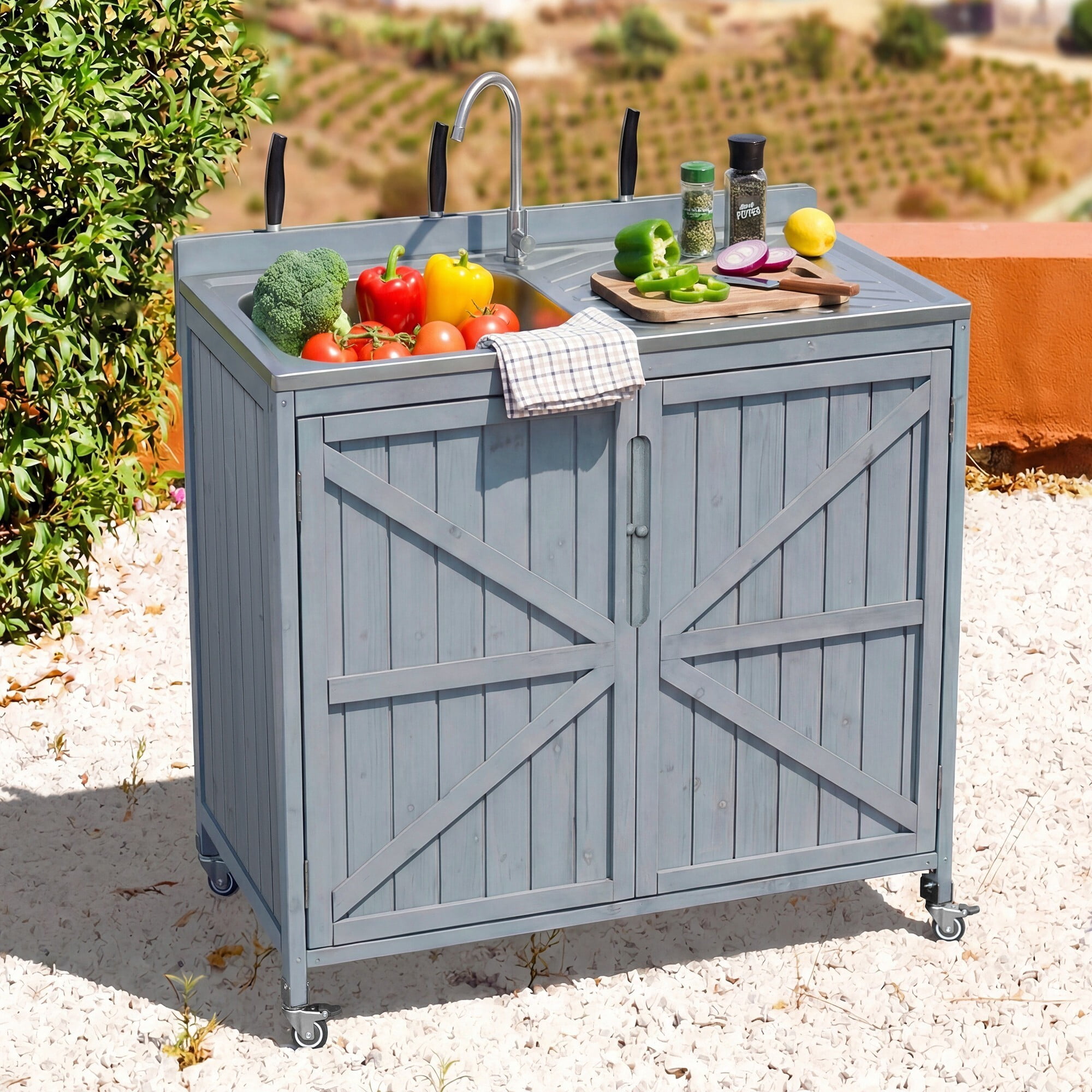 AENKYO 39.4" Outdoor Kitchen Island with 304 Stainless Steel Sink, Wood Prep Station with Faucet & Wheels, Gray Blue