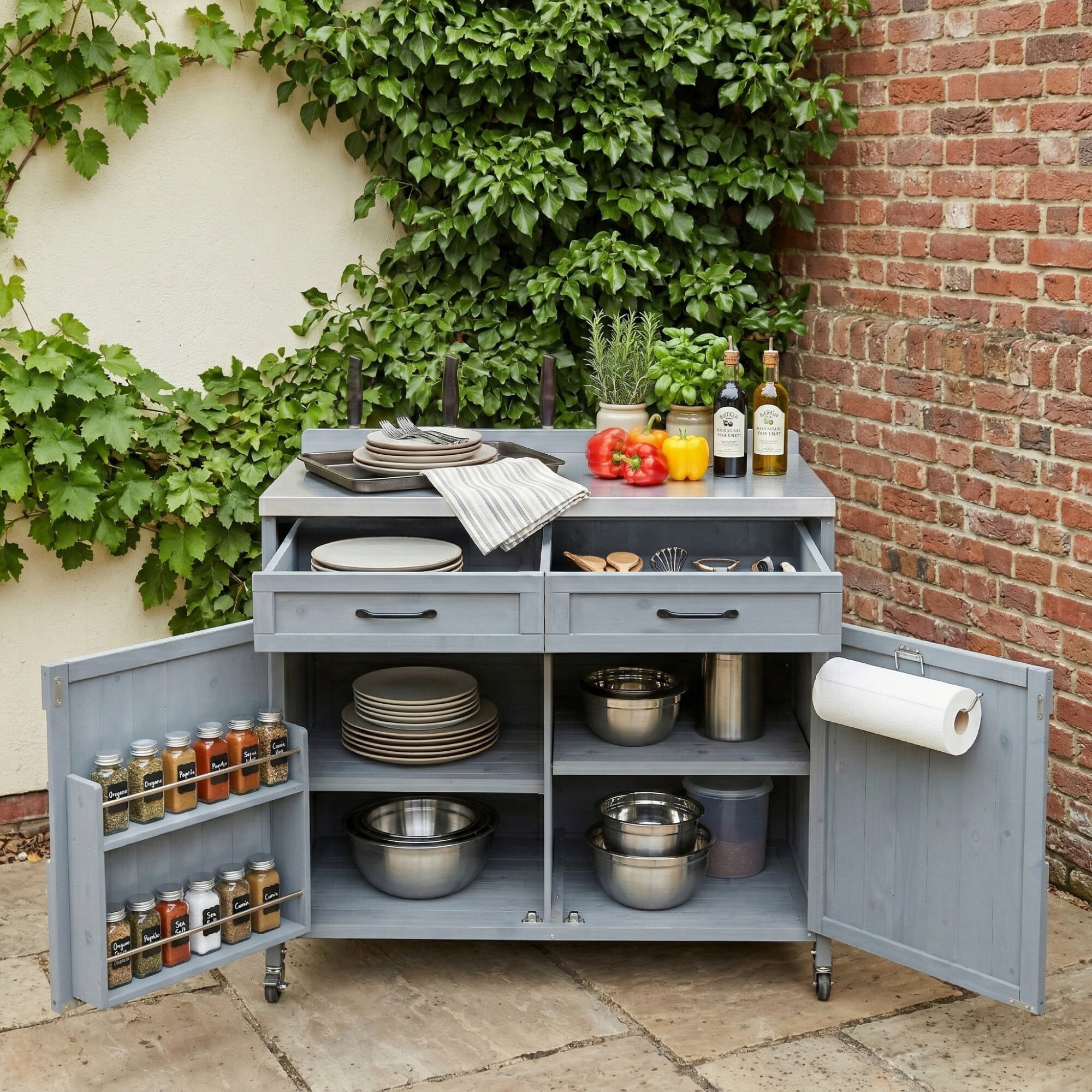 AENKYO 39.4" Outdoor Kitchen Island with Stainless Steel Top, Wood Storage Cabinet with Drawer & Wheels, Dark Brown