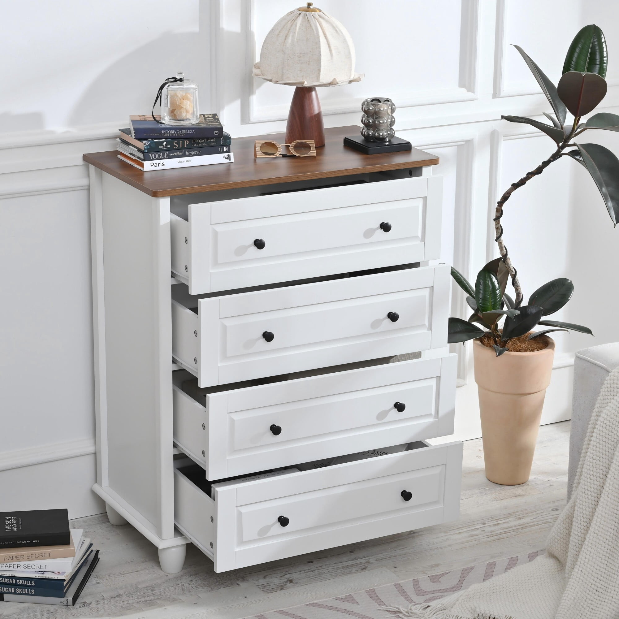 AENKYO 4-Drawer Dresser with Walnut Top, Drawer Chest for Bedroom, Living Room, Ivory White
